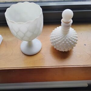 White Milk Glass Decorative Compote and Hobnail Perfume Bottle - Brand Unknown